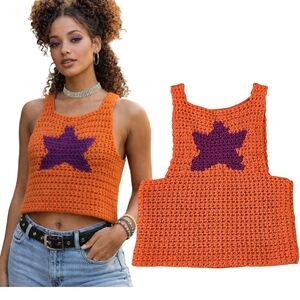 Handmade Crochet Y2k 90's Tank Top Orange Purple Star Boho Festival Knit Medium